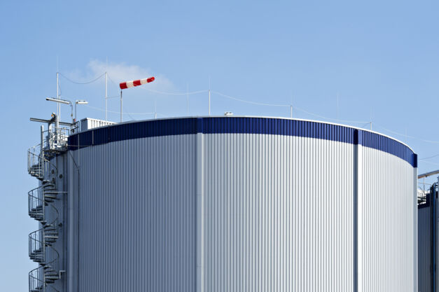 Biogas-Fermenter im Werk von VERBIO in Zörbig, Sachsen-Anhalt. Nebenprodukte der Bioethanolherstellung sind dort Biogas und Biodünger. 
Quelle: BDBe